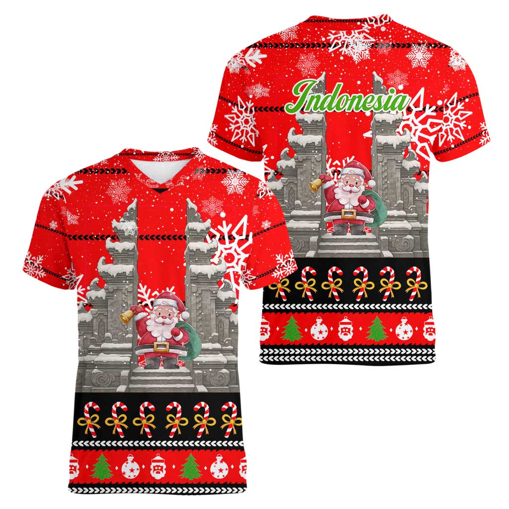 Indonesia Christmas Women V-Neck T-Shirt with Santa Temple Snowflakes and Red Candy Cane Pattern - Wonder Print Shop