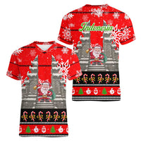 Indonesia Christmas Women V-Neck T-Shirt with Santa Temple Snowflakes and Red Candy Cane Pattern - Wonder Print Shop