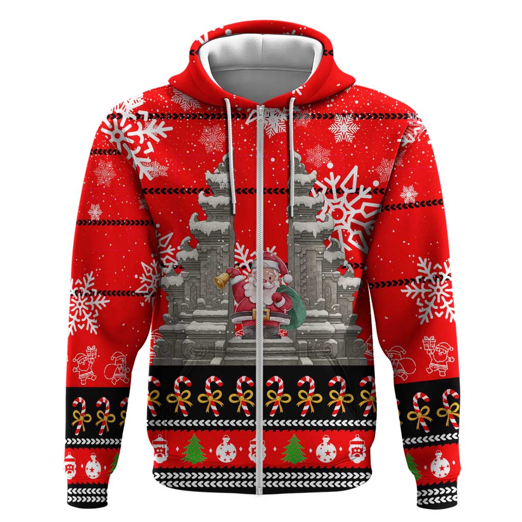 Indonesia Christmas Zip Hoodie with Santa Temple Snowflakes and Red Candy Cane Pattern - Wonder Print Shop