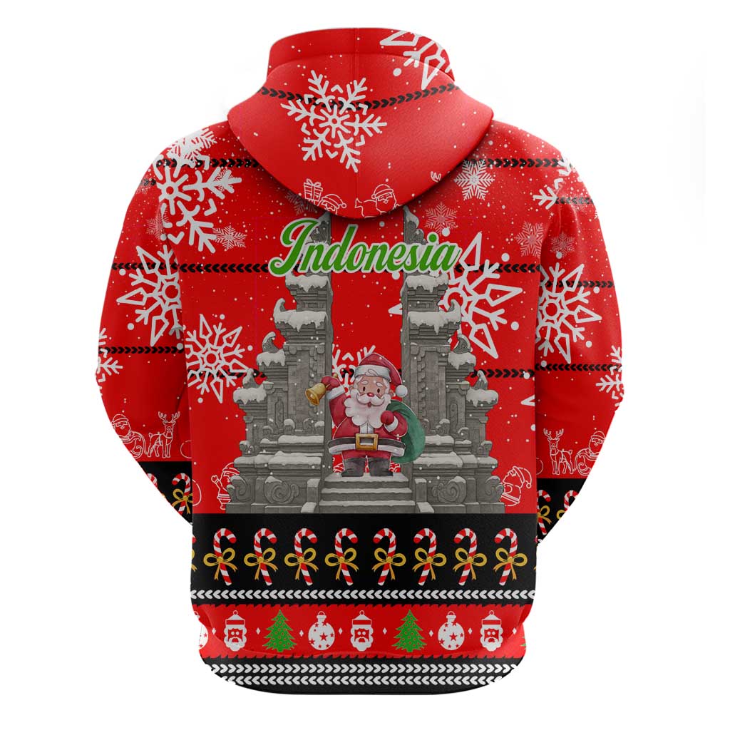 Indonesia Christmas Zip Hoodie with Santa Temple Snowflakes and Red Candy Cane Pattern - Wonder Print Shop