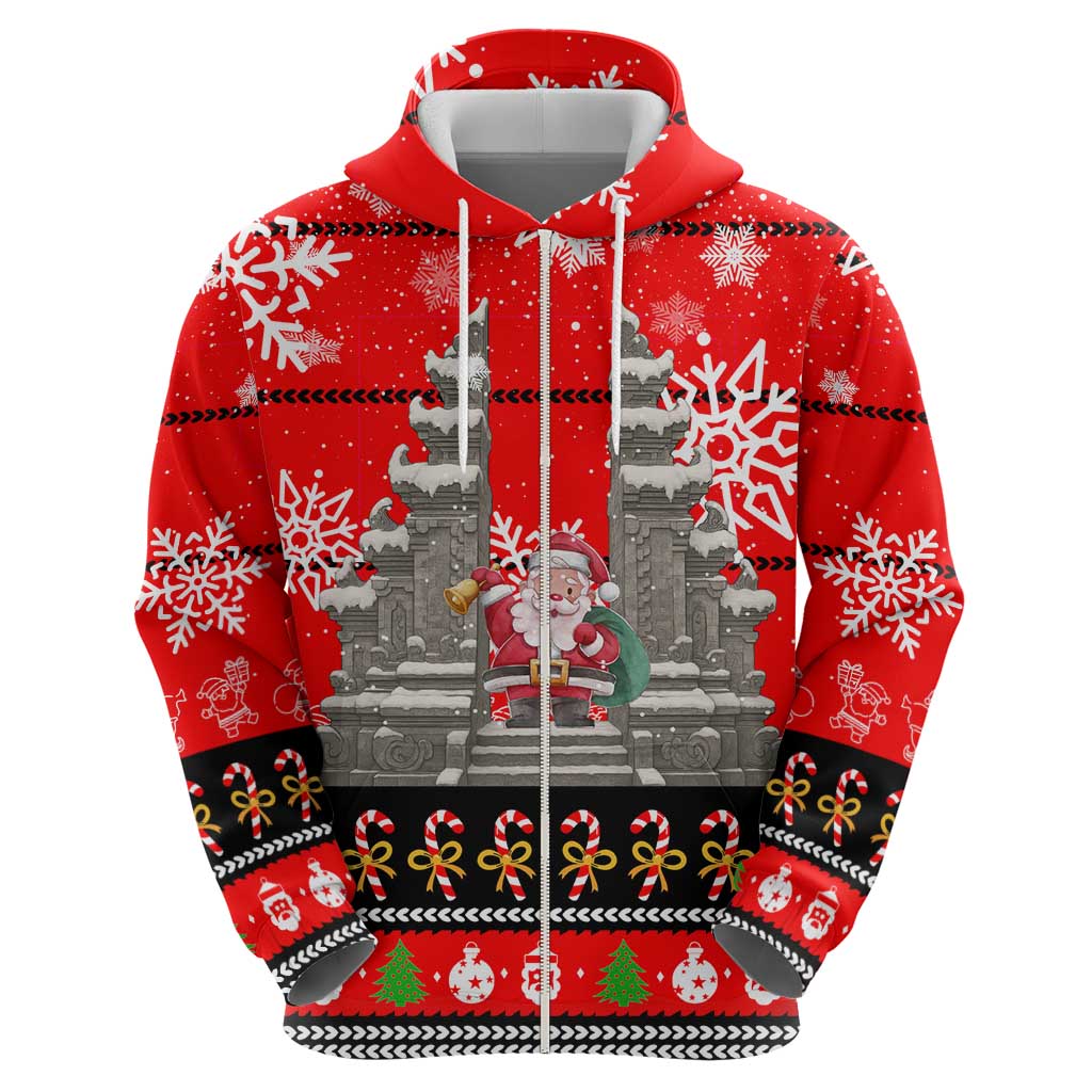 Indonesia Christmas Zip Hoodie with Santa Temple Snowflakes and Red Candy Cane Pattern - Wonder Print Shop