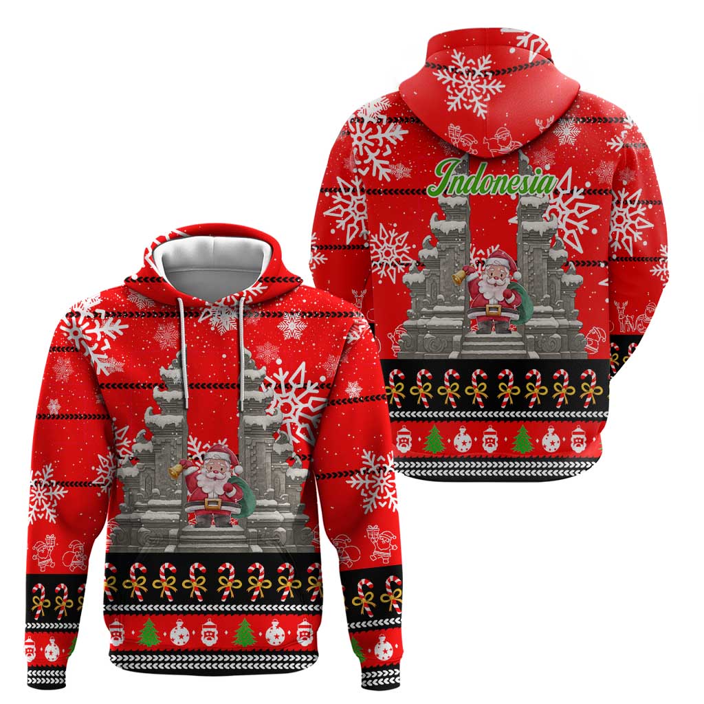 Indonesia Christmas Zip Hoodie with Santa Temple Snowflakes and Red Candy Cane Pattern - Wonder Print Shop
