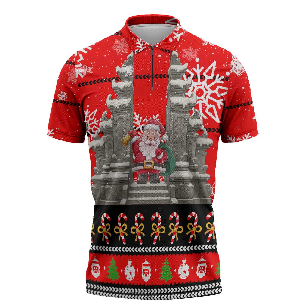 Indonesia Christmas Zipper Polo Shirt with Santa Temple Snowflakes and Red Candy Cane Pattern - Wonder Print Shop