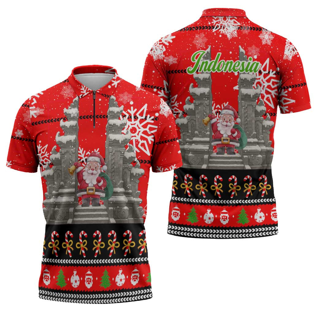 Indonesia Christmas Zipper Polo Shirt with Santa Temple Snowflakes and Red Candy Cane Pattern - Wonder Print Shop