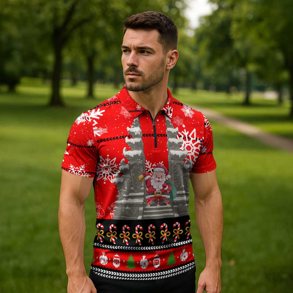 Indonesia Christmas Zipper Polo Shirt with Santa Temple Snowflakes and Red Candy Cane Pattern - Wonder Print Shop