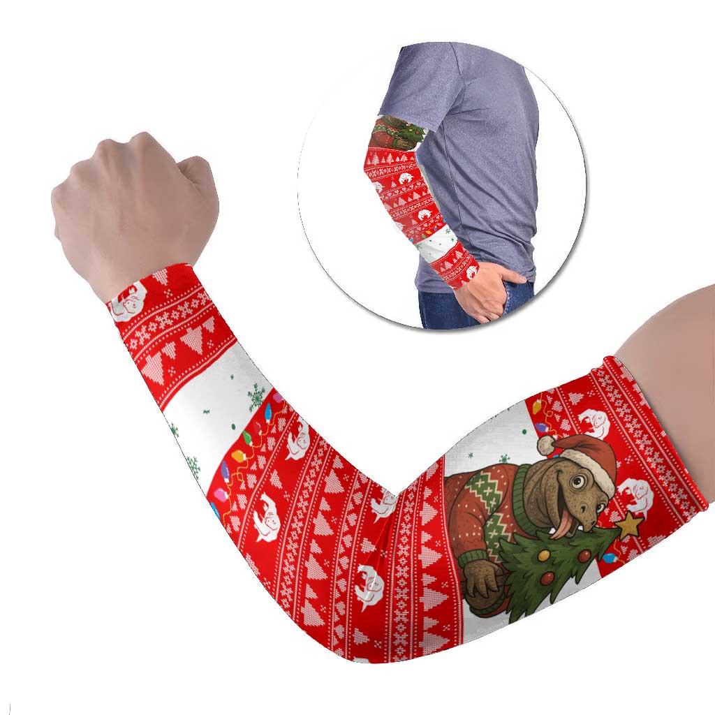 Indonesia Christmas Arm Sleeves with Komodo Dragon Santa Hat Christmas Tree and Red White Holiday - Wonder Print Shop