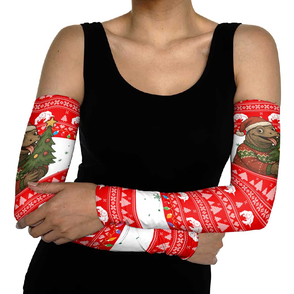 Indonesia Christmas Arm Sleeves with Komodo Dragon Santa Hat Christmas Tree and Red White Holiday - Wonder Print Shop