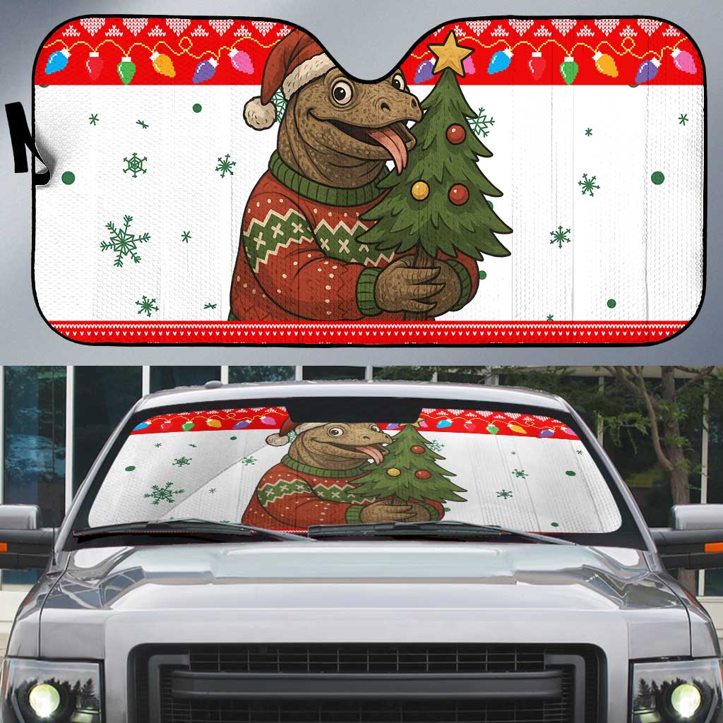 Indonesia Christmas Auto Sun Shade with Komodo Dragon Santa Hat Christmas Tree and Red White Holiday - Wonder Print Shop