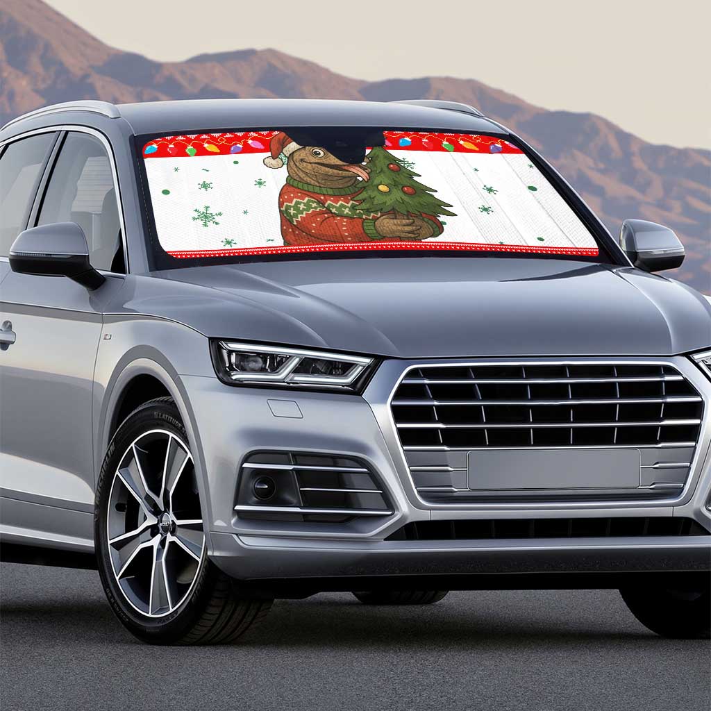 Indonesia Christmas Auto Sun Shade with Komodo Dragon Santa Hat Christmas Tree and Red White Holiday - Wonder Print Shop