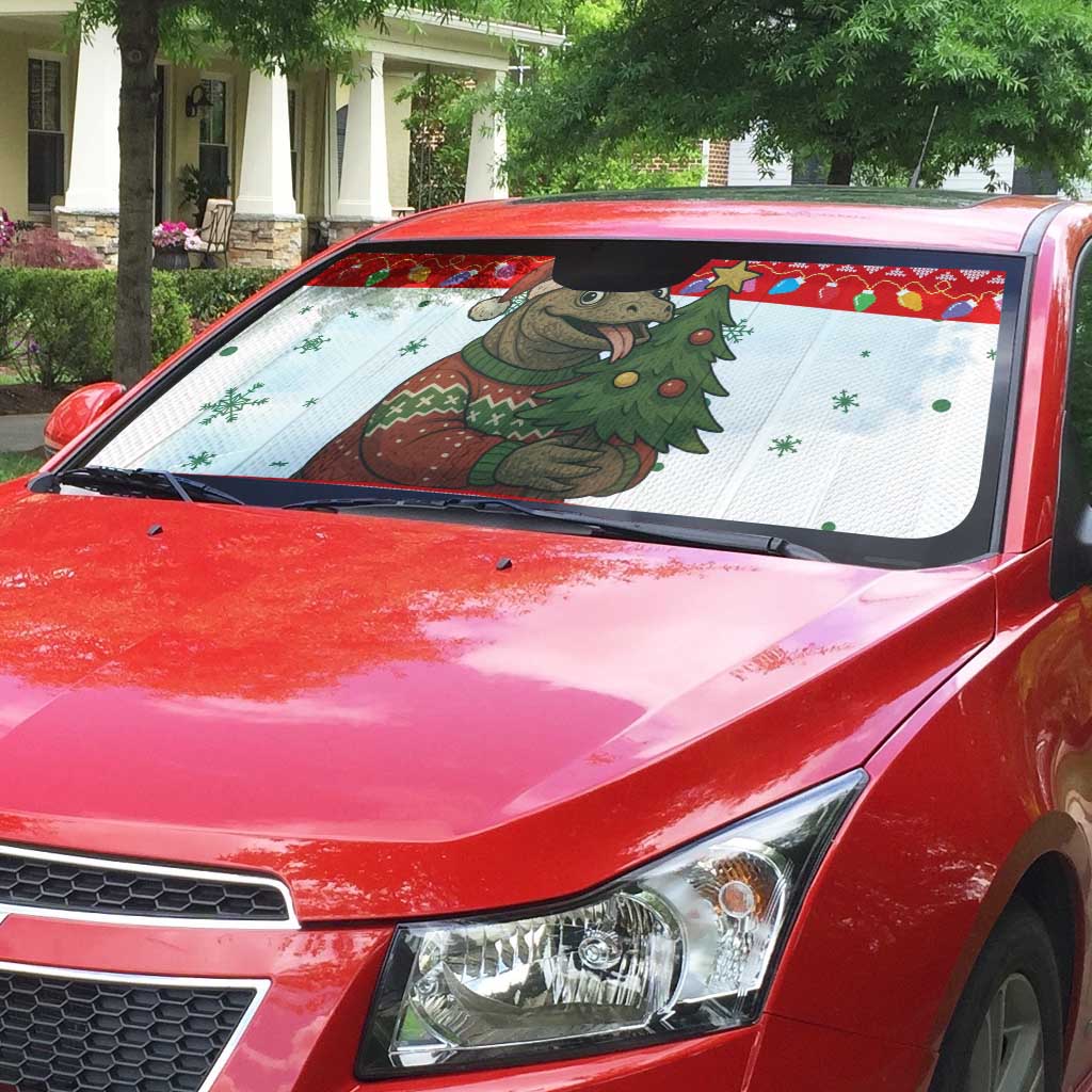 Indonesia Christmas Auto Sun Shade with Komodo Dragon Santa Hat Christmas Tree and Red White Holiday - Wonder Print Shop