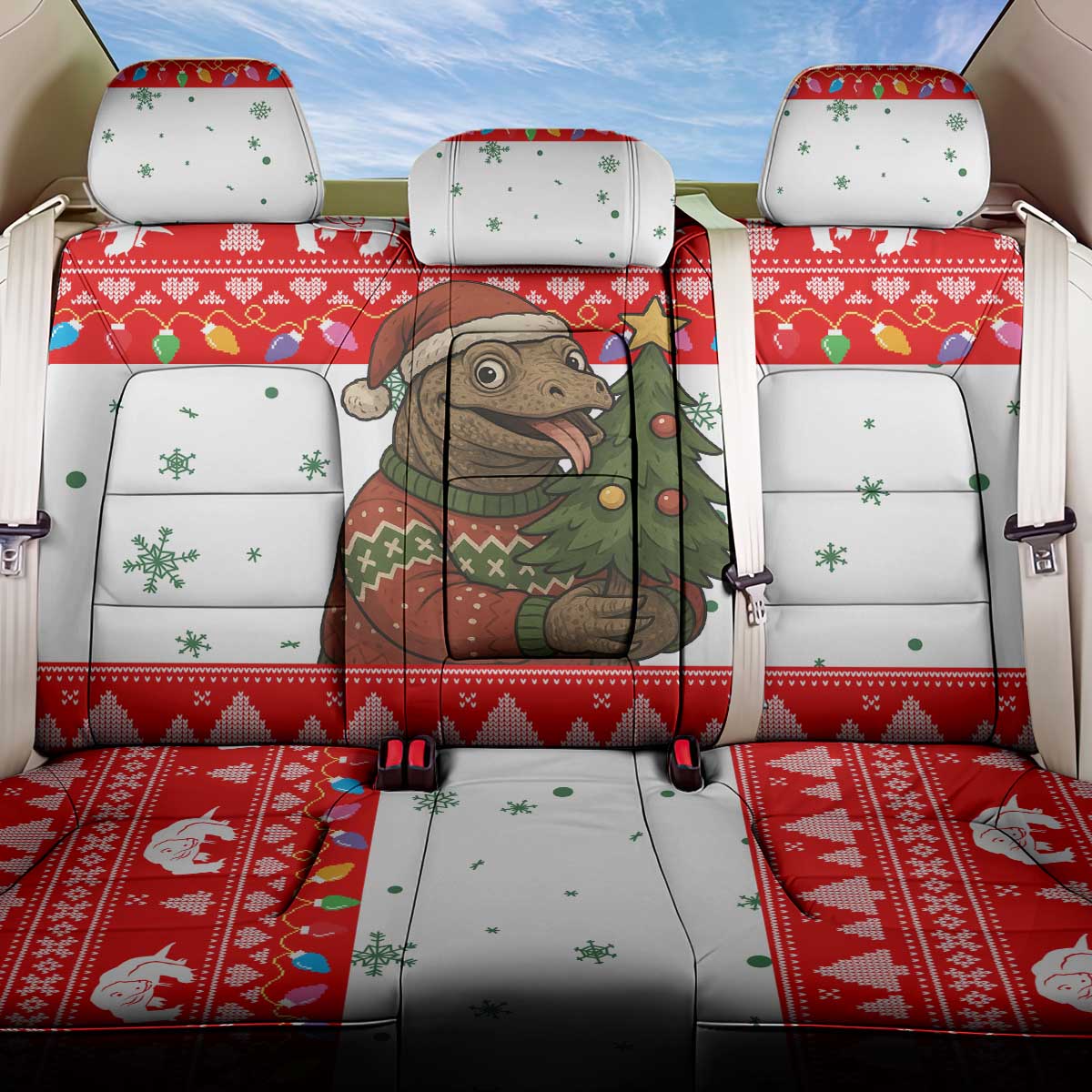 Indonesia Christmas Back Car Seat Cover with Komodo Dragon Santa Hat Christmas Tree and Red White Holiday - Wonder Print Shop