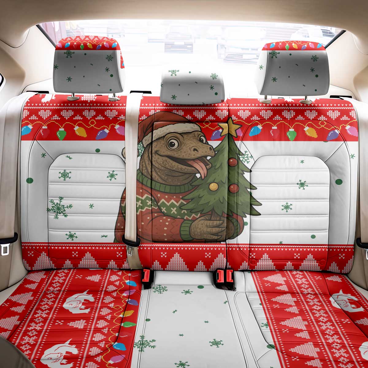 Indonesia Christmas Back Car Seat Cover with Komodo Dragon Santa Hat Christmas Tree and Red White Holiday - Wonder Print Shop