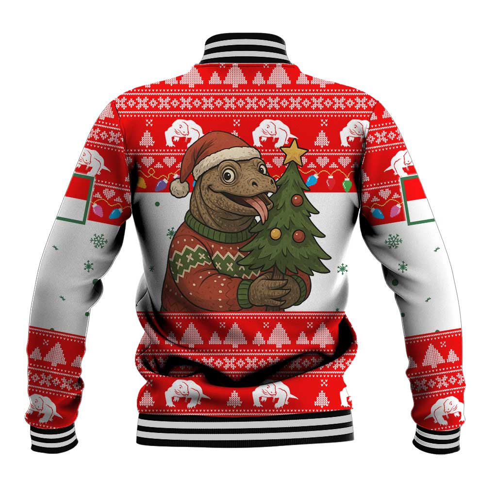 Indonesia Christmas Baseball Jacket with Komodo Dragon Santa Hat Christmas Tree and Red White Holiday - Wonder Print Shop