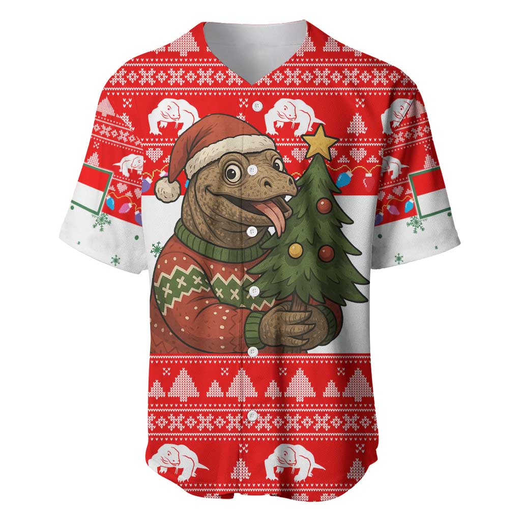 Indonesia Christmas Baseball Jersey with Komodo Dragon Santa Hat Christmas Tree and Red White Holiday - Wonder Print Shop