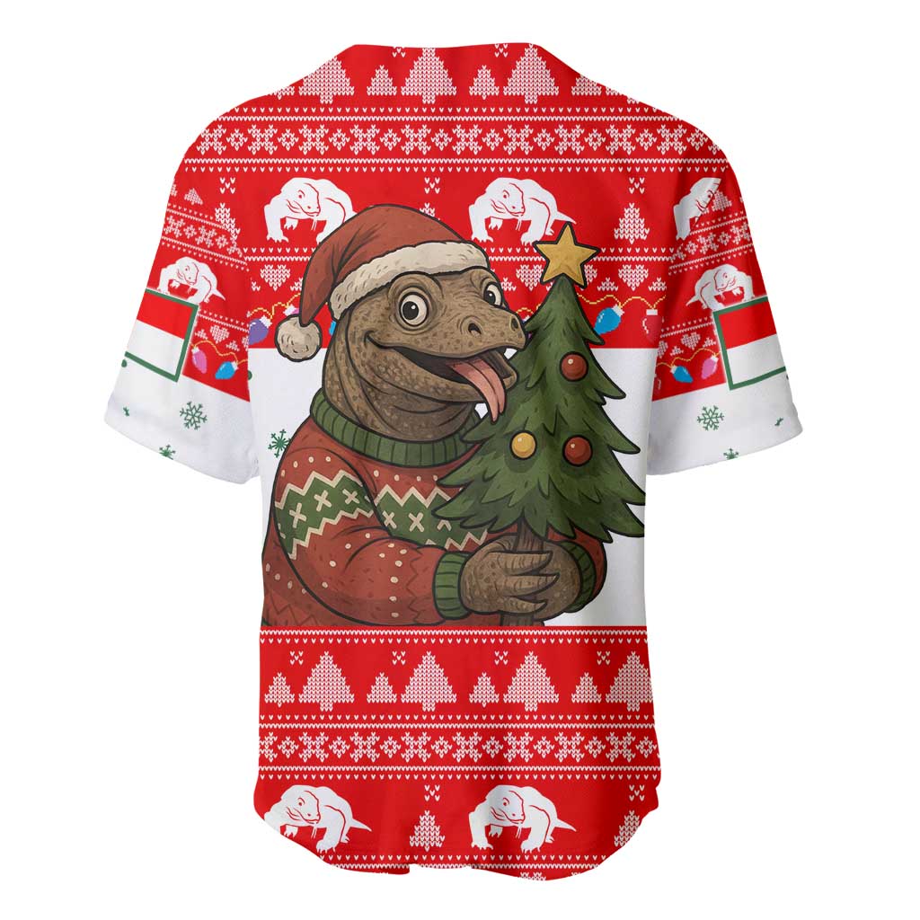 Indonesia Christmas Baseball Jersey with Komodo Dragon Santa Hat Christmas Tree and Red White Holiday - Wonder Print Shop