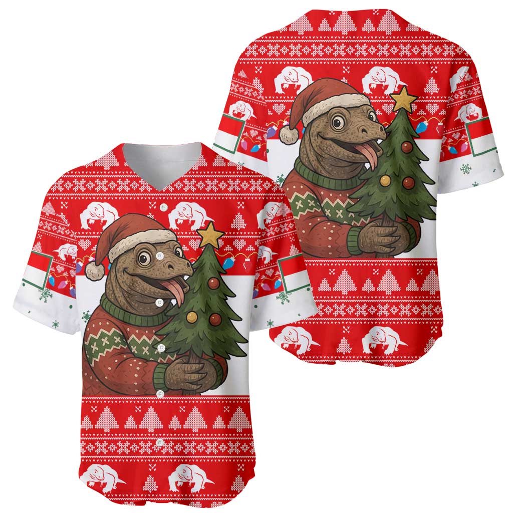 Indonesia Christmas Baseball Jersey with Komodo Dragon Santa Hat Christmas Tree and Red White Holiday - Wonder Print Shop
