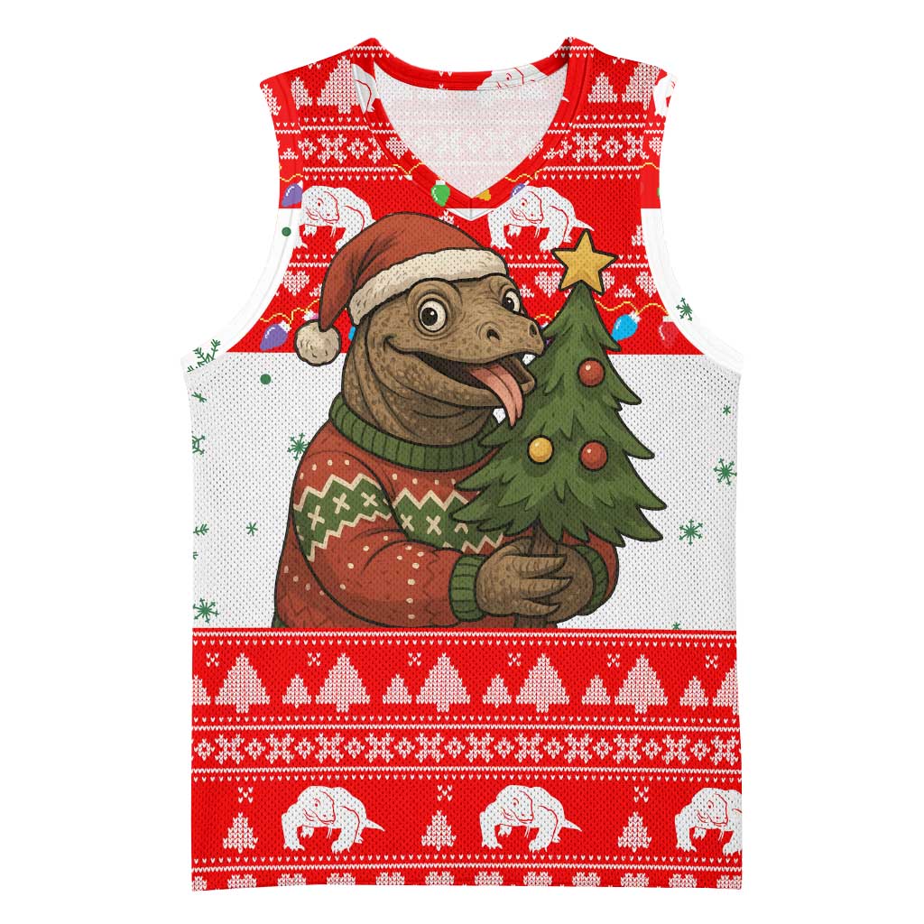 Indonesia Christmas Basketball Jersey with Komodo Dragon Santa Hat Christmas Tree and Red White Holiday - Wonder Print Shop
