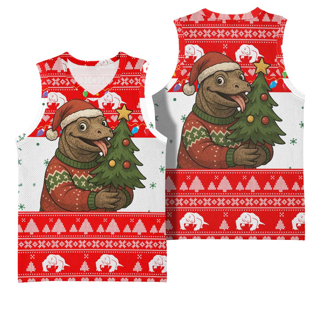 Indonesia Christmas Basketball Jersey with Komodo Dragon Santa Hat Christmas Tree and Red White Holiday - Wonder Print Shop