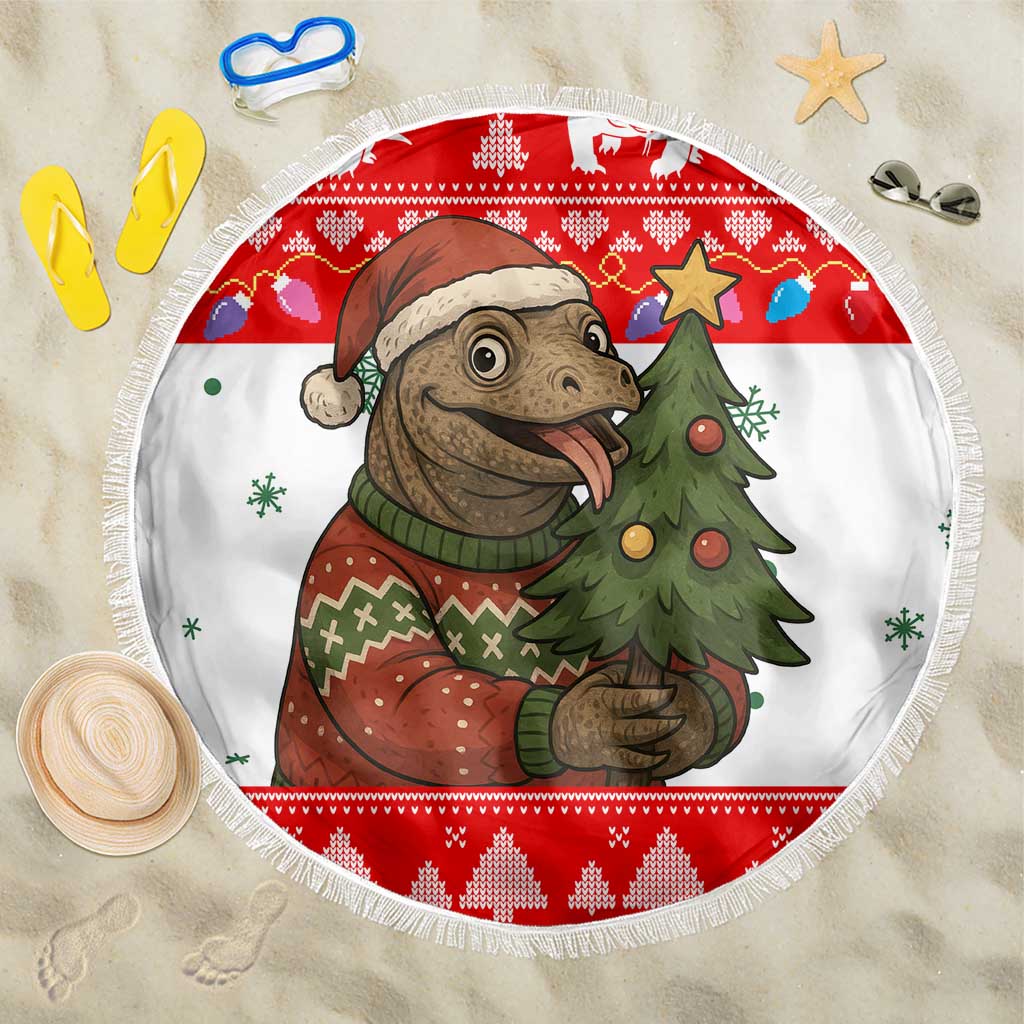 Indonesia Christmas Beach Blanket with Komodo Dragon Santa Hat Christmas Tree and Red White Holiday - Wonder Print Shop
