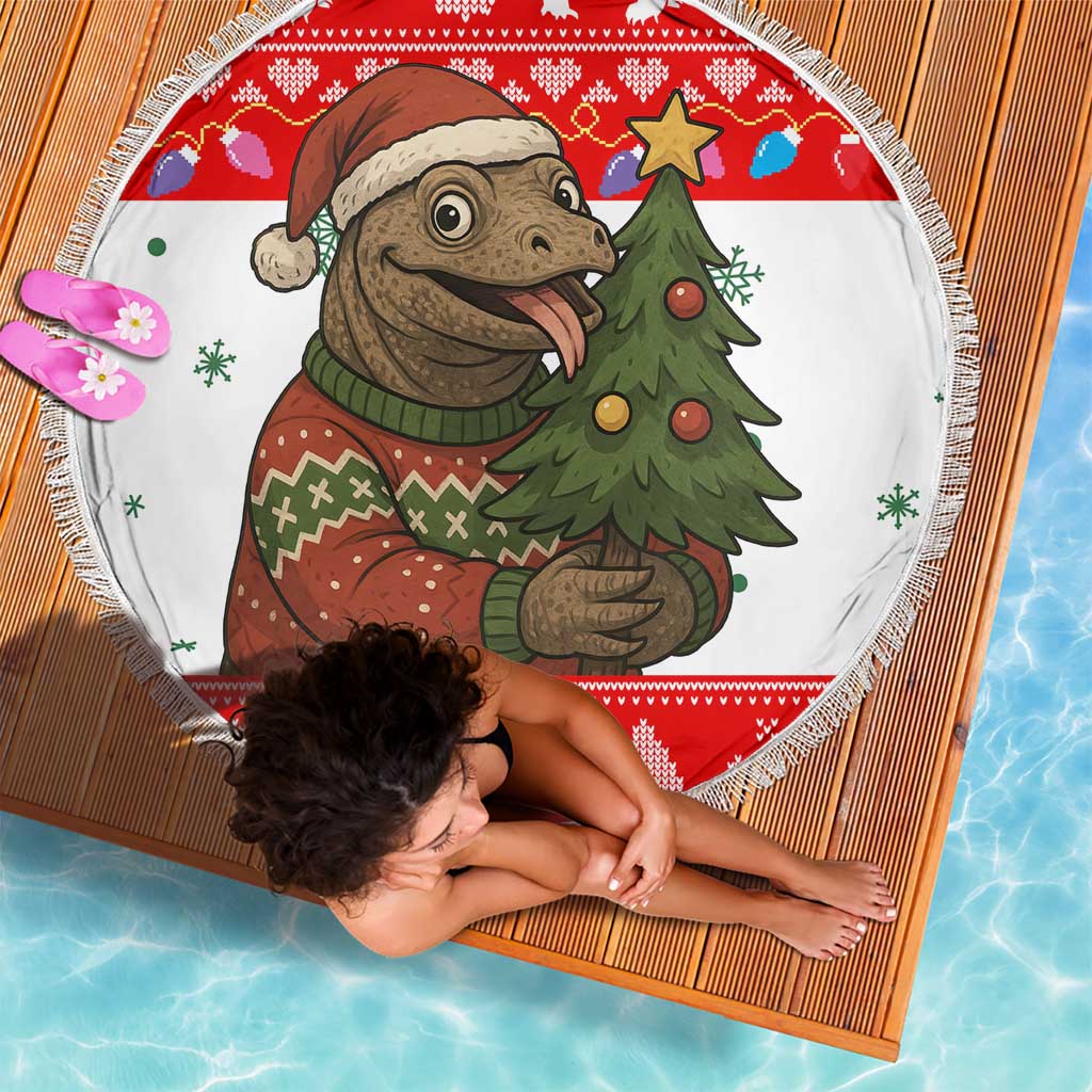 Indonesia Christmas Beach Blanket with Komodo Dragon Santa Hat Christmas Tree and Red White Holiday - Wonder Print Shop