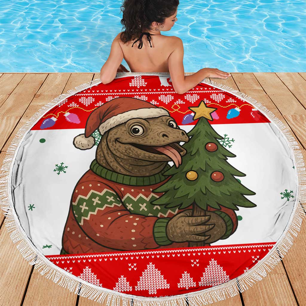 Indonesia Christmas Beach Blanket with Komodo Dragon Santa Hat Christmas Tree and Red White Holiday - Wonder Print Shop