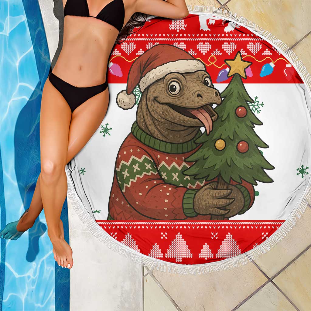Indonesia Christmas Beach Blanket with Komodo Dragon Santa Hat Christmas Tree and Red White Holiday - Wonder Print Shop