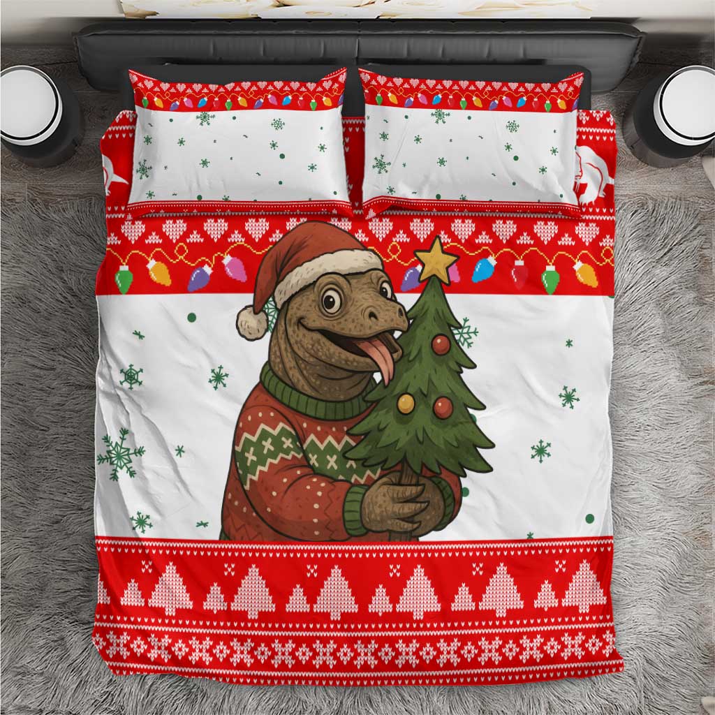 Indonesia Christmas Bedding Set with Komodo Dragon Santa Hat Christmas Tree and Red White Holiday - Wonder Print Shop