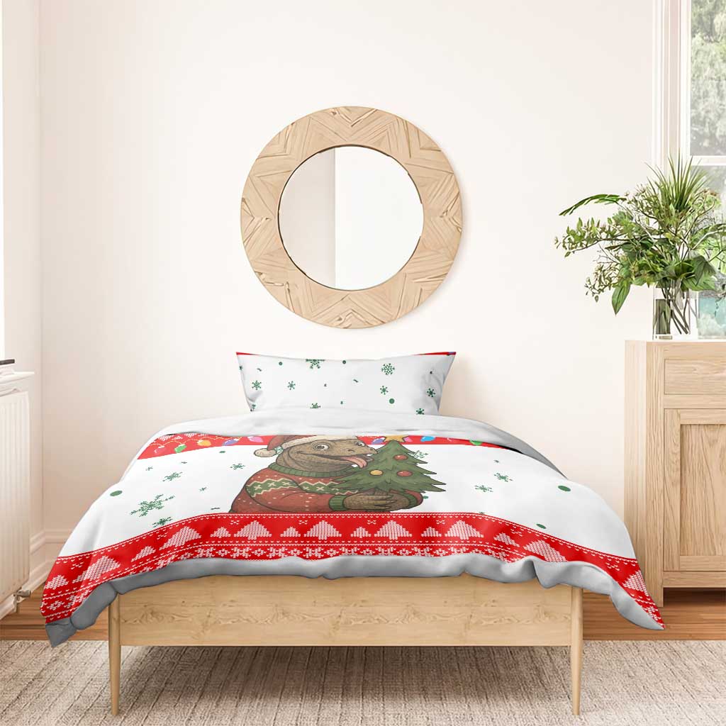 Indonesia Christmas Bedding Set with Komodo Dragon Santa Hat Christmas Tree and Red White Holiday - Wonder Print Shop