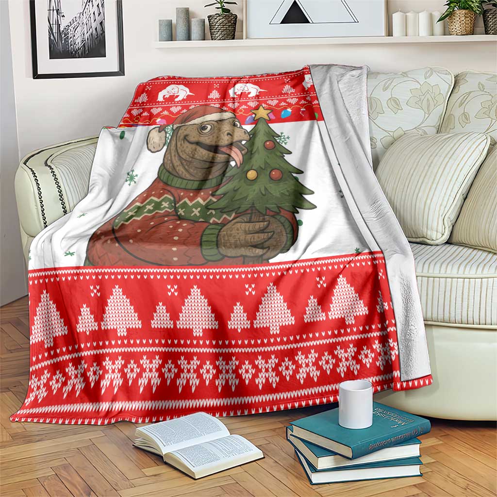 Indonesia Christmas Blanket with Komodo Dragon Santa Hat Christmas Tree and Red White Holiday - Wonder Print Shop