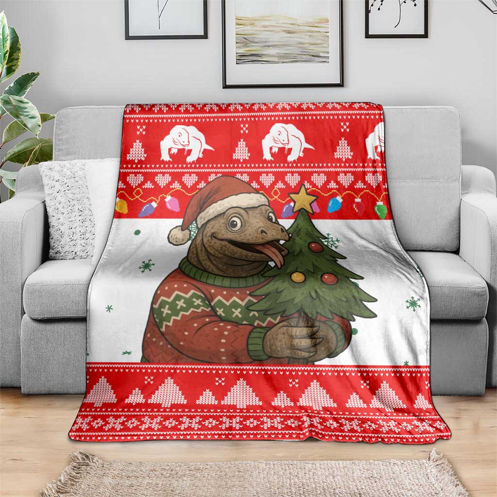Indonesia Christmas Blanket with Komodo Dragon Santa Hat Christmas Tree and Red White Holiday - Wonder Print Shop