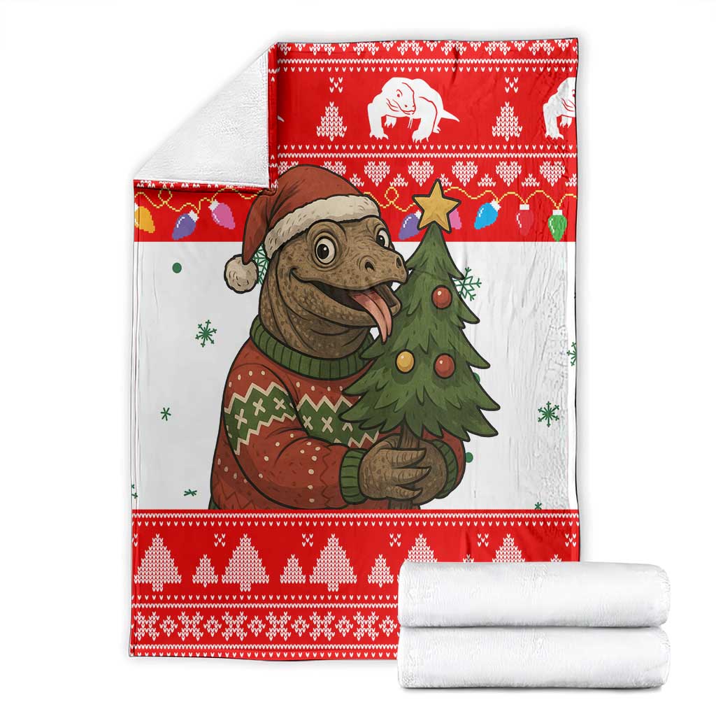 Indonesia Christmas Blanket with Komodo Dragon Santa Hat Christmas Tree and Red White Holiday - Wonder Print Shop