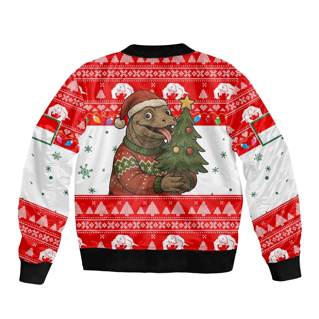 Indonesia Christmas Bomber Jacket with Komodo Dragon Santa Hat Christmas Tree and Red White Holiday - Wonder Print Shop