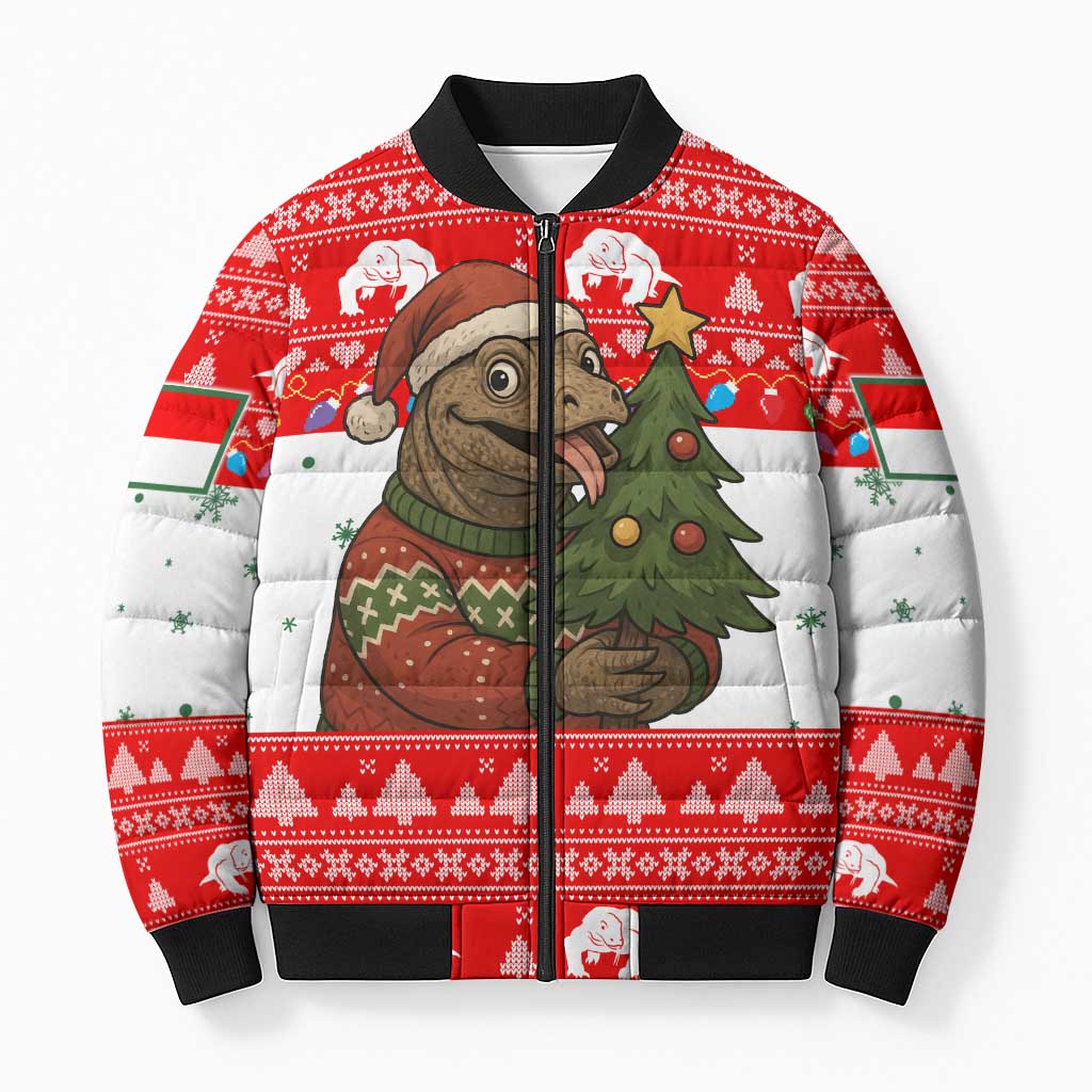 Indonesia Christmas Bomber Puffer Jacket with Komodo Dragon Santa Hat Christmas Tree and Red White Holiday - Wonder Print Shop