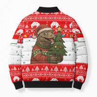 Indonesia Christmas Bomber Puffer Jacket with Komodo Dragon Santa Hat Christmas Tree and Red White Holiday - Wonder Print Shop