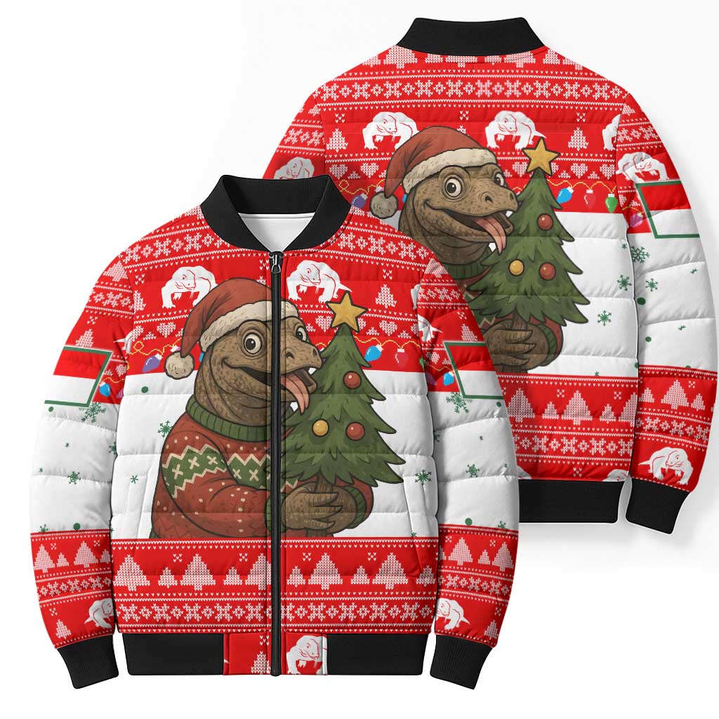 Indonesia Christmas Bomber Puffer Jacket with Komodo Dragon Santa Hat Christmas Tree and Red White Holiday - Wonder Print Shop