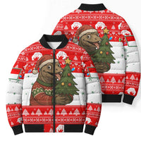 Indonesia Christmas Bomber Puffer Jacket with Komodo Dragon Santa Hat Christmas Tree and Red White Holiday - Wonder Print Shop