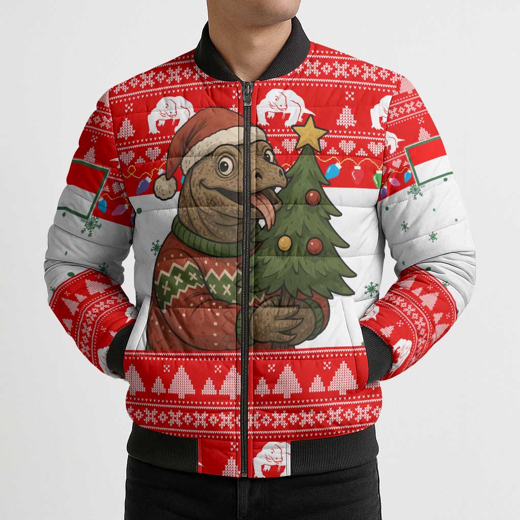 Indonesia Christmas Bomber Puffer Jacket with Komodo Dragon Santa Hat Christmas Tree and Red White Holiday - Wonder Print Shop