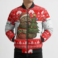 Indonesia Christmas Bomber Puffer Jacket with Komodo Dragon Santa Hat Christmas Tree and Red White Holiday - Wonder Print Shop