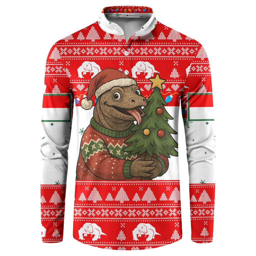 Indonesia Christmas Button Sweatshirt with Komodo Dragon Santa Hat Christmas Tree and Red White Holiday - Wonder Print Shop