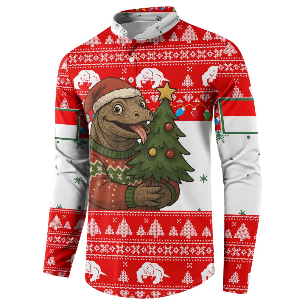Indonesia Christmas Button Sweatshirt with Komodo Dragon Santa Hat Christmas Tree and Red White Holiday - Wonder Print Shop