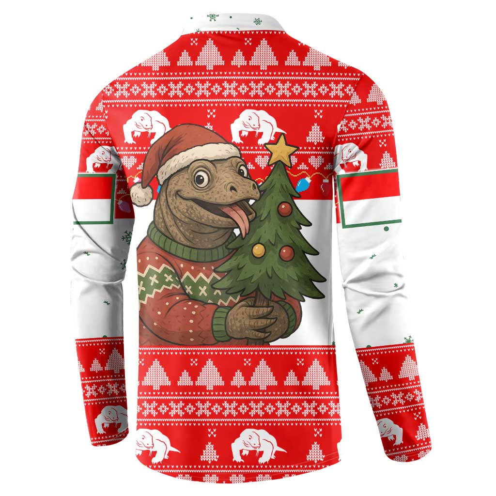 Indonesia Christmas Button Sweatshirt with Komodo Dragon Santa Hat Christmas Tree and Red White Holiday - Wonder Print Shop
