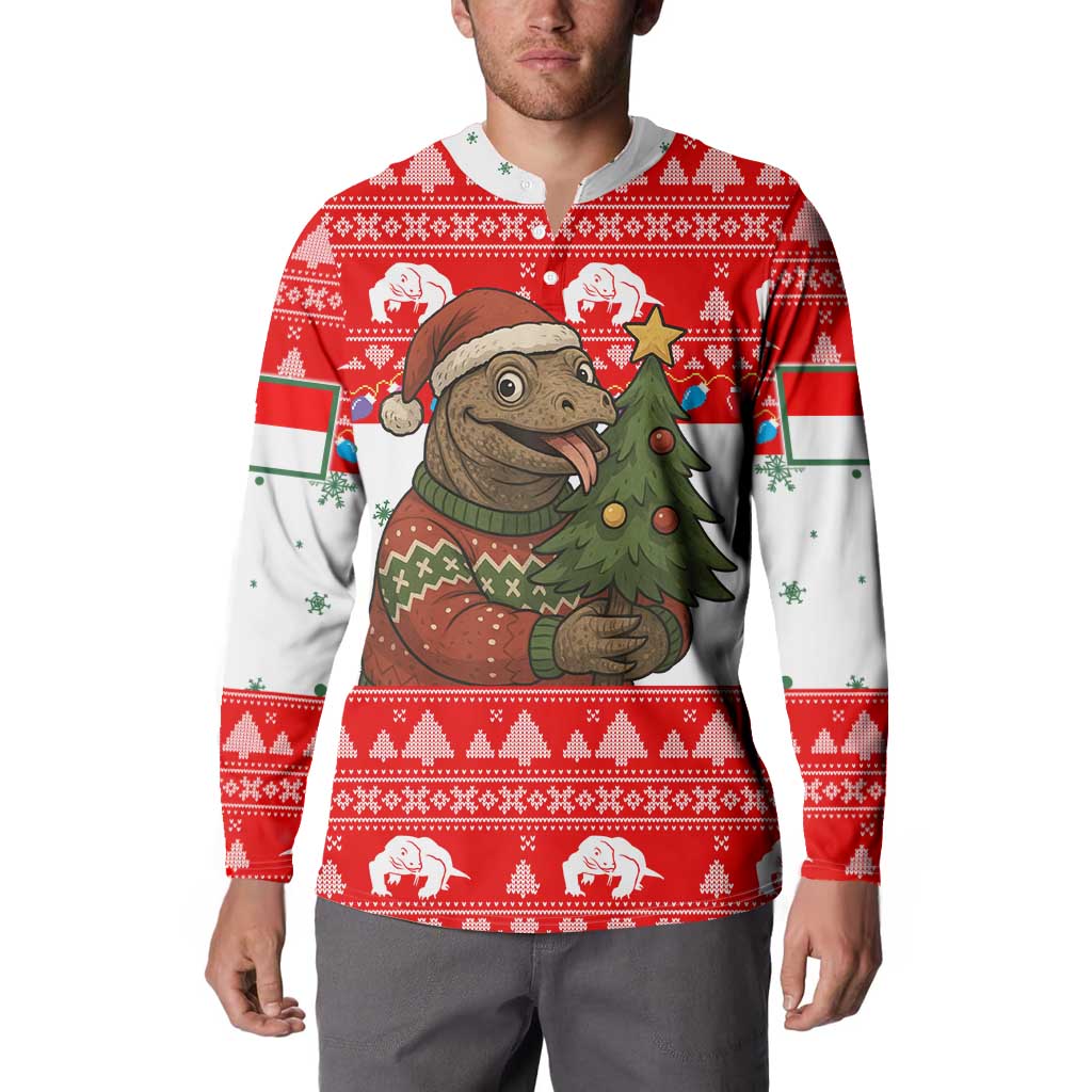 Indonesia Christmas Button Sweatshirt with Komodo Dragon Santa Hat Christmas Tree and Red White Holiday - Wonder Print Shop