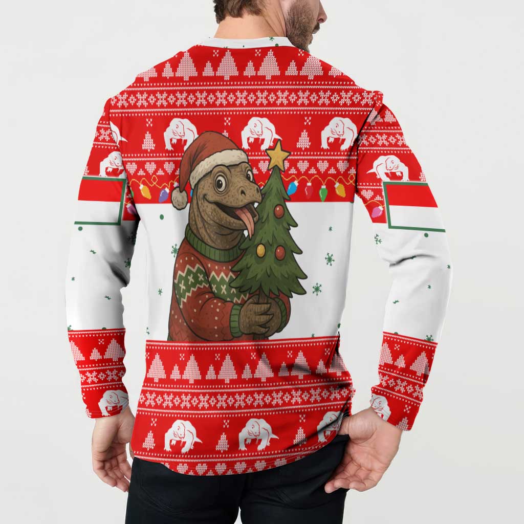 Indonesia Christmas Button Sweatshirt with Komodo Dragon Santa Hat Christmas Tree and Red White Holiday - Wonder Print Shop