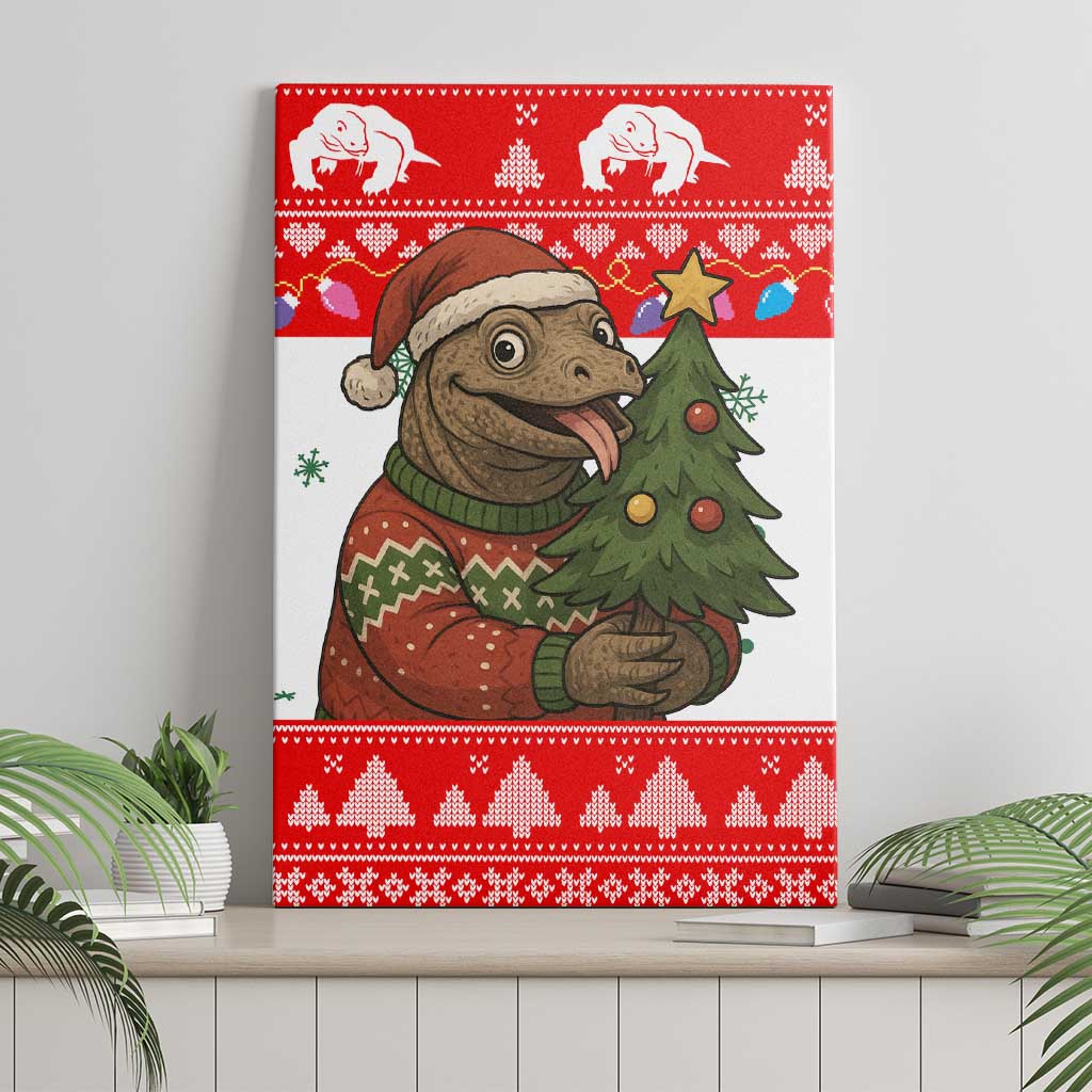 Indonesia Christmas Canvas Wall Art with Komodo Dragon Santa Hat Christmas Tree and Red White Holiday - Wonder Print Shop