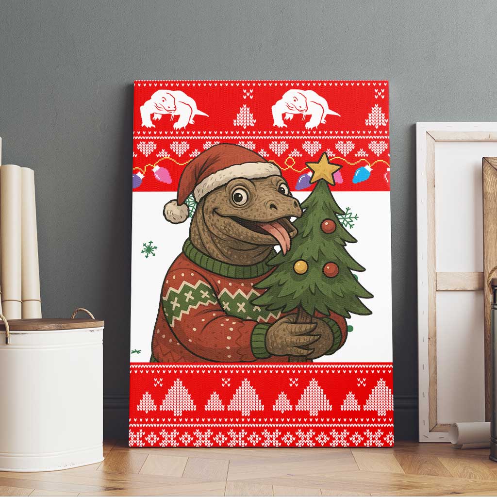 Indonesia Christmas Canvas Wall Art with Komodo Dragon Santa Hat Christmas Tree and Red White Holiday - Wonder Print Shop