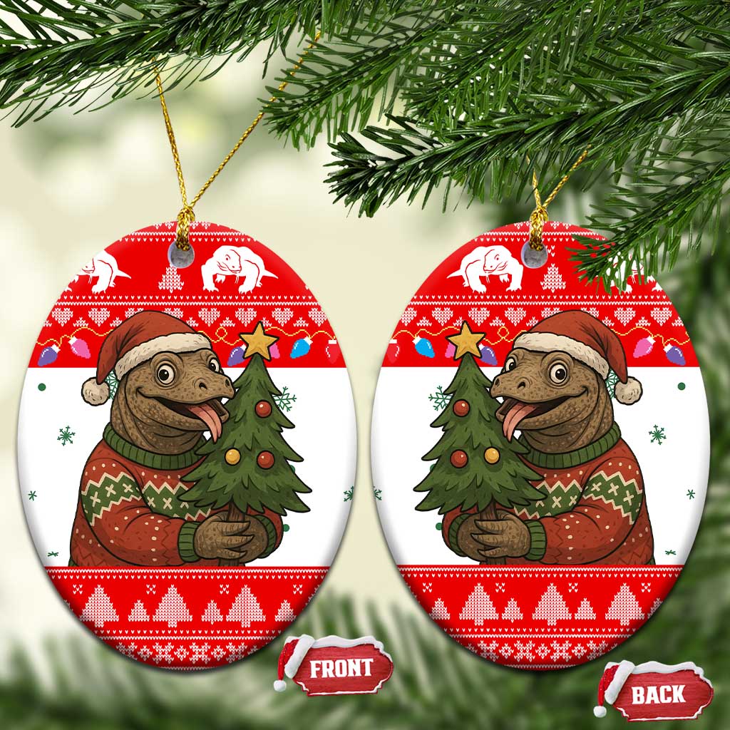 Indonesia Christmas Ceramic Ornament with Komodo Dragon Santa Hat Christmas Tree and Red White Holiday - Wonder Print Shop
