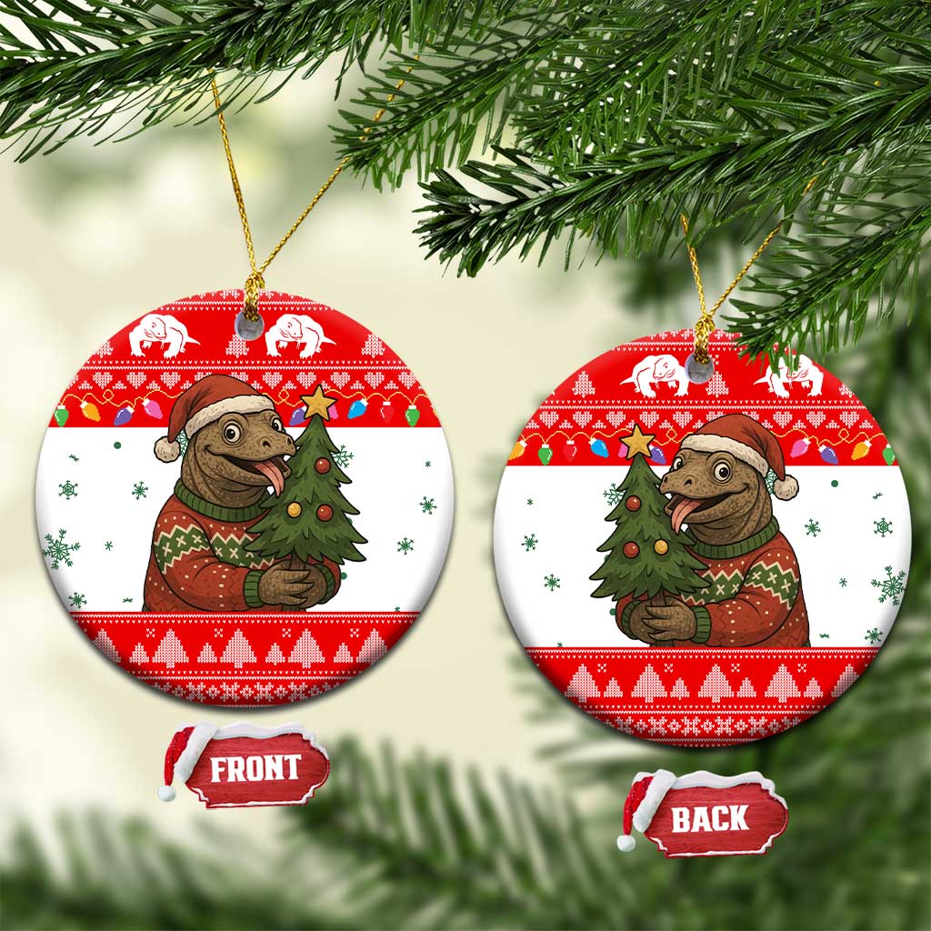 Indonesia Christmas Ceramic Ornament with Komodo Dragon Santa Hat Christmas Tree and Red White Holiday - Wonder Print Shop