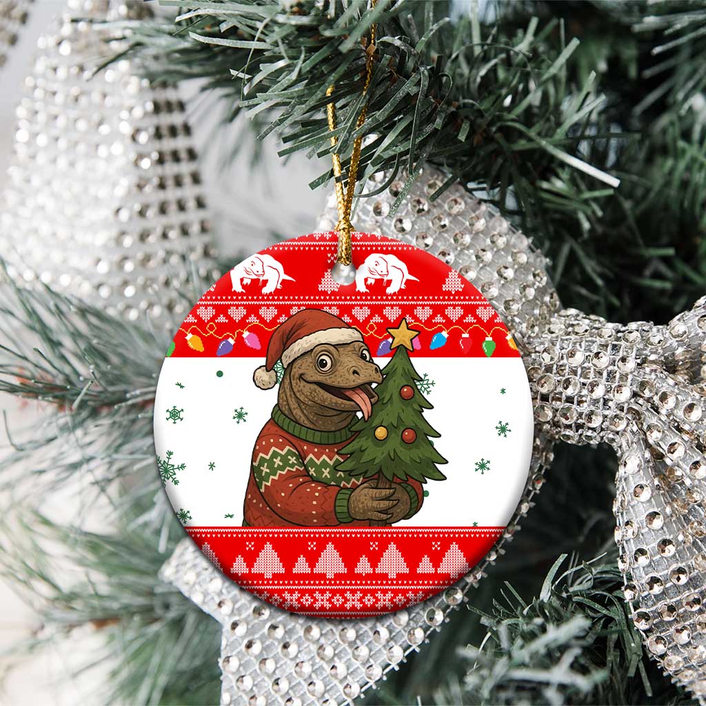 Indonesia Christmas Ceramic Ornament with Komodo Dragon Santa Hat Christmas Tree and Red White Holiday - Wonder Print Shop