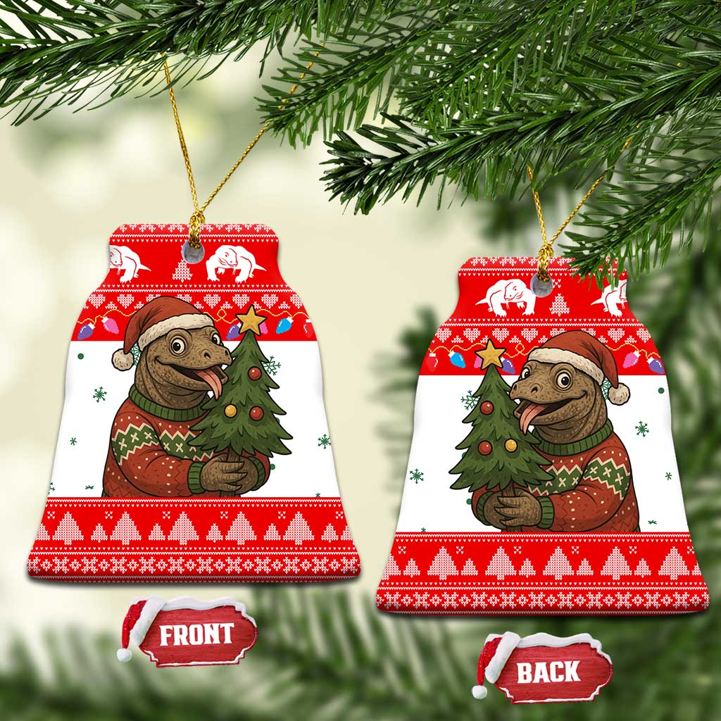 Indonesia Christmas Ceramic Ornament with Komodo Dragon Santa Hat Christmas Tree and Red White Holiday - Wonder Print Shop