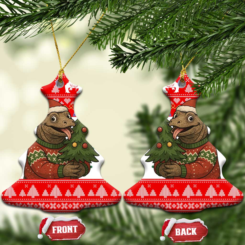 Indonesia Christmas Ceramic Ornament with Komodo Dragon Santa Hat Christmas Tree and Red White Holiday - Wonder Print Shop